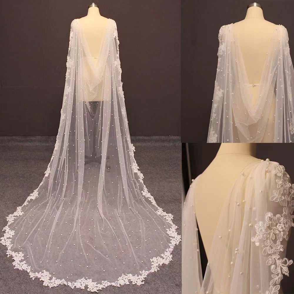 Elegant In Stock Long Tulle Bridal Pearls Shawl Large Swing Trailing Lace Edge Wraps Wedding Cloak Wedding Accessories