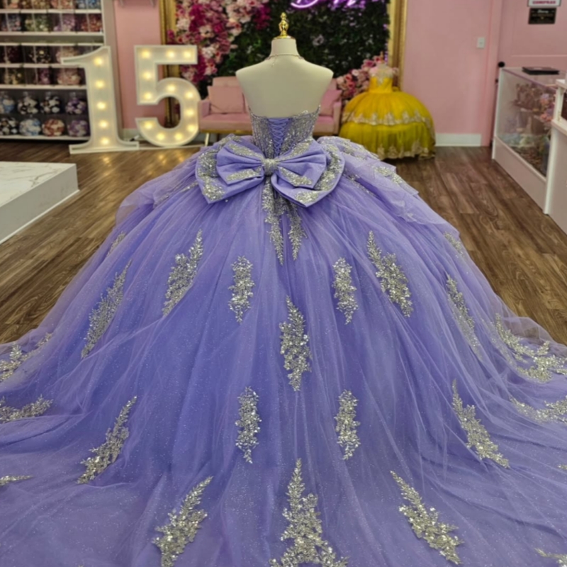 Lavender Shiny Quinceanera Dresses Off The Shoulder Applique Beads Bow Tull Party Birthday Ball Gown Vestidos De 15 Anos Sweet 16 Dress