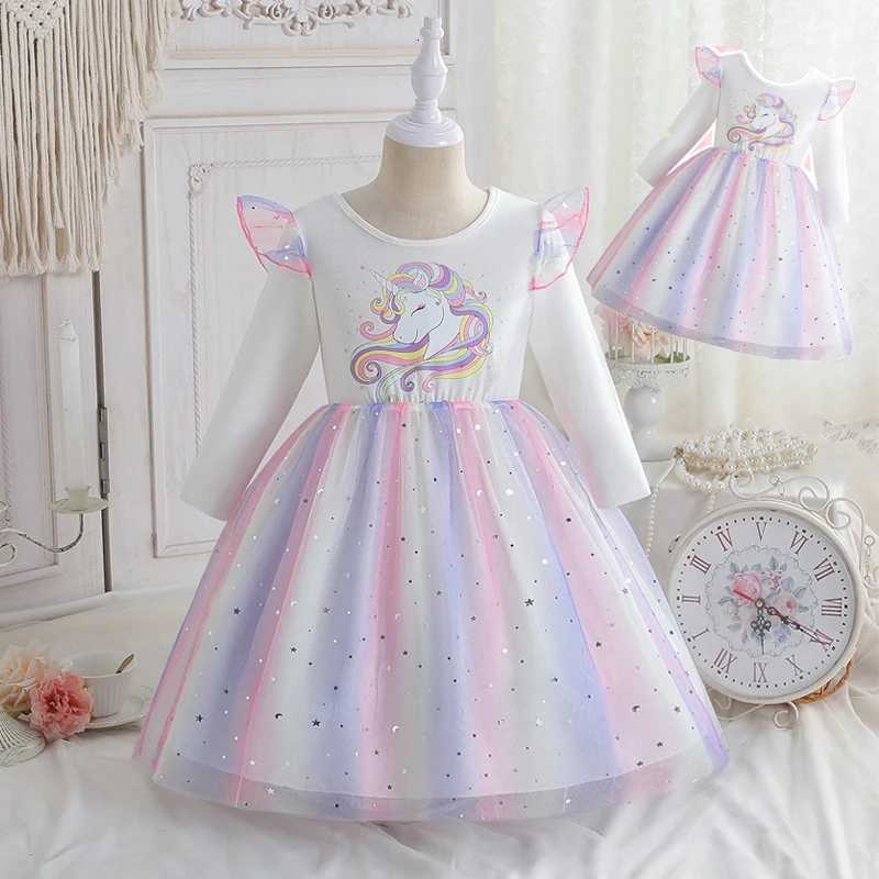 2025 New Princess Dress Unicorn Girls Dress Spring Kids Clothes Birthday Party Dress Long-sleeved for Children Rainbow 2-8Y W250811