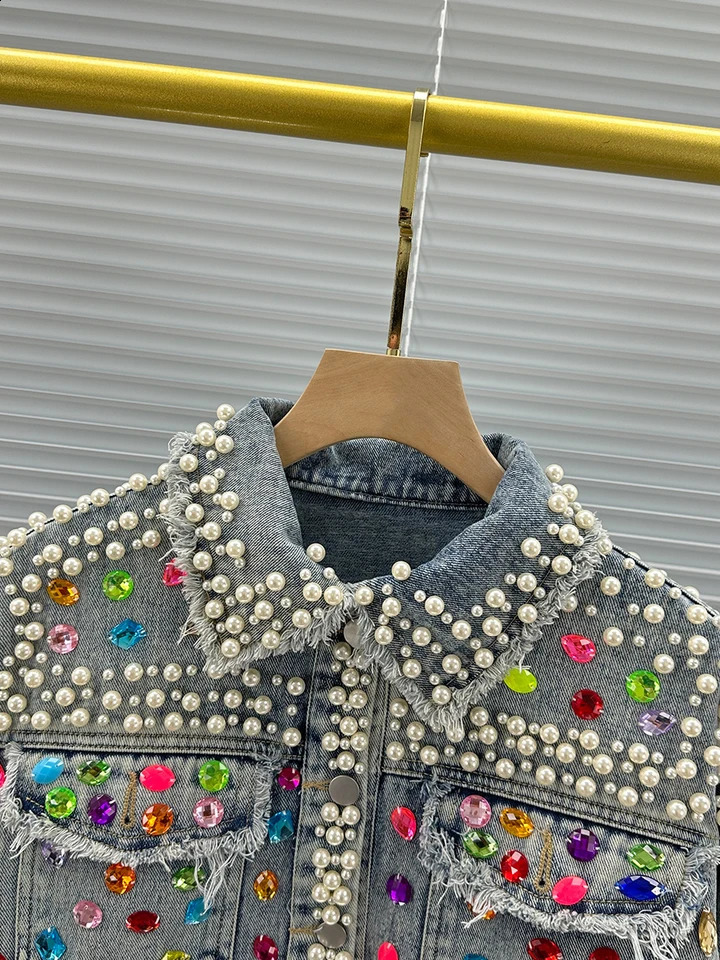 Embellished Denim Jacket for Women Fall Crystal Beaded Cropped Jean Coat Long Sleeve Slim Fit Fashion Rhinestone Top 250804