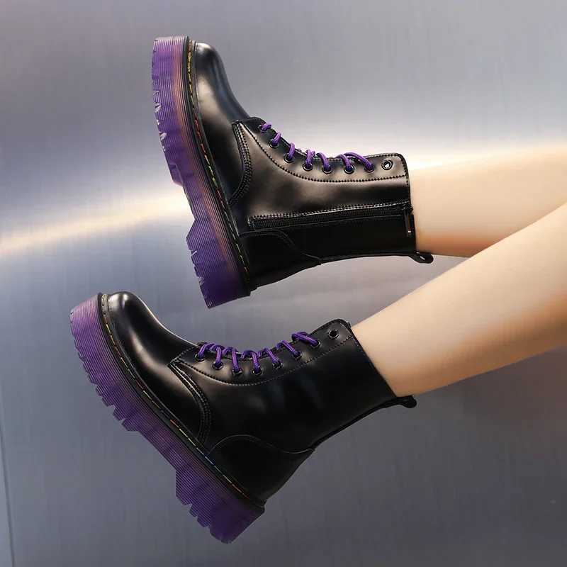 2025 New Womens Ankle Boots Increased Boots Fashion Genuine Leather Purple Casual Motorcycle Luxury Shoes W250811