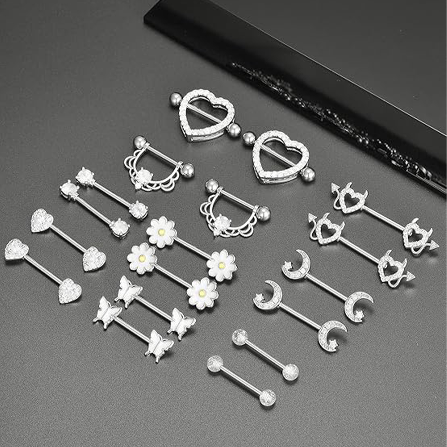 9 Pairs Nipple Rings Stainless Steel Heart Butterfly Moon Flower CZ Barbell Tongue Rings Set Cute Nipplerings Piercing Jewelry for Women White Tone