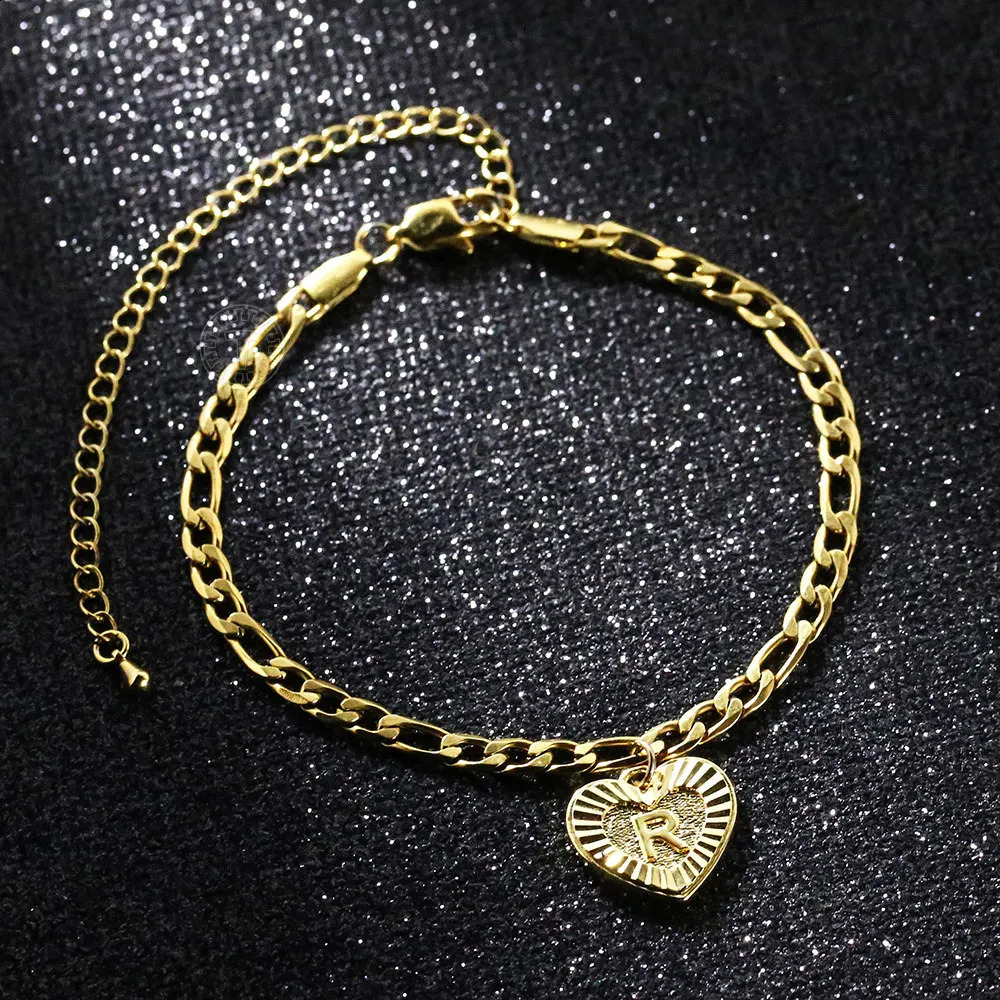 5mm Heart Shaped Initial A Z Letter Charm Anklet for Women Girls Gold Plated Stainless Steel Figaro Link Chain Jewelry 250807