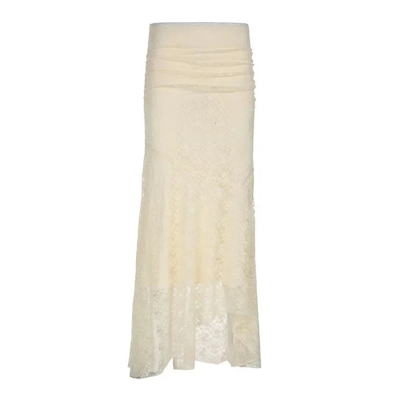 Two Layer Lace Trumpet Mermaid Long Skirts For Women Vintage Elegant Fashion High Waist Skirt Holiday Outfits 250811