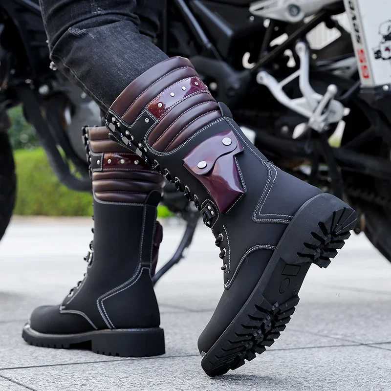Fashion Punk Motorcycle Boots Men Boots Winter High Heel Casual Lace-up Leather High Black Biker Solid Boot Military Men Shoes W250811