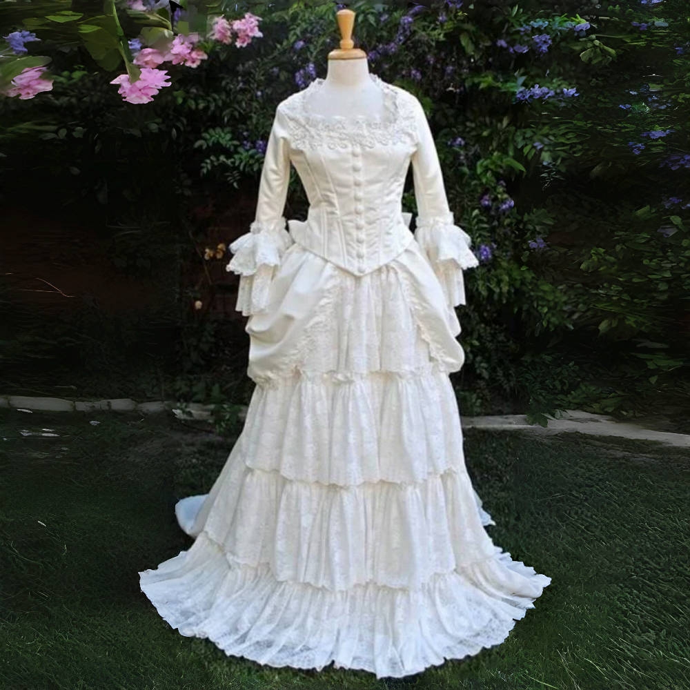 Medieval Victorian Wedding Dresses Bustle Ruched Theater Vintage Retro Bridal Gowns Lace Tiers Corset Costume Long Sleeves Women Occasion Events Wear