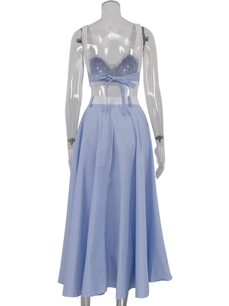 Beyprern Elegant Lace Contrast Stripes Camisole Skirt Set TwoPiece Dress Holiday Outfits Women TieBack Stirped Vacation 250811