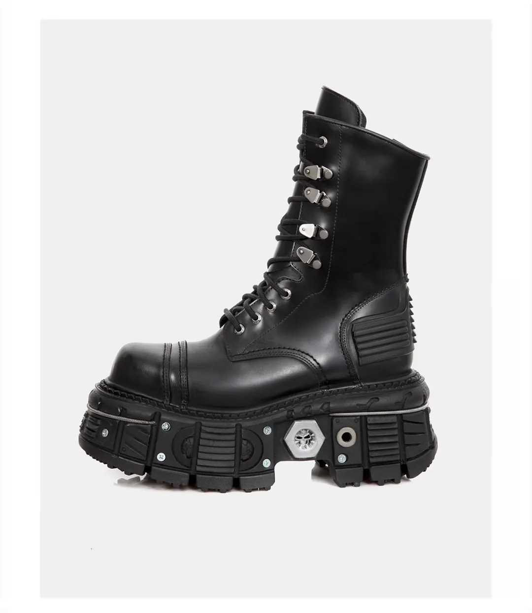 Metal Thick-Soled Heightening Men Womens Ankle Boots Dark Punk Lace Up Leather Round Toe Goth Motorcycle Boots Short Boots 44 W250811