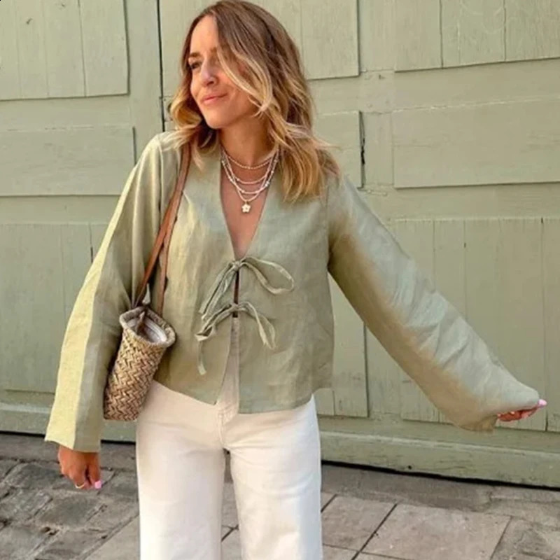 C. S Spring Female Street Tops Green Linen Lace Up Long Sleeve For Women Fashion Chic Casual Loose V Neck Shirt 250809