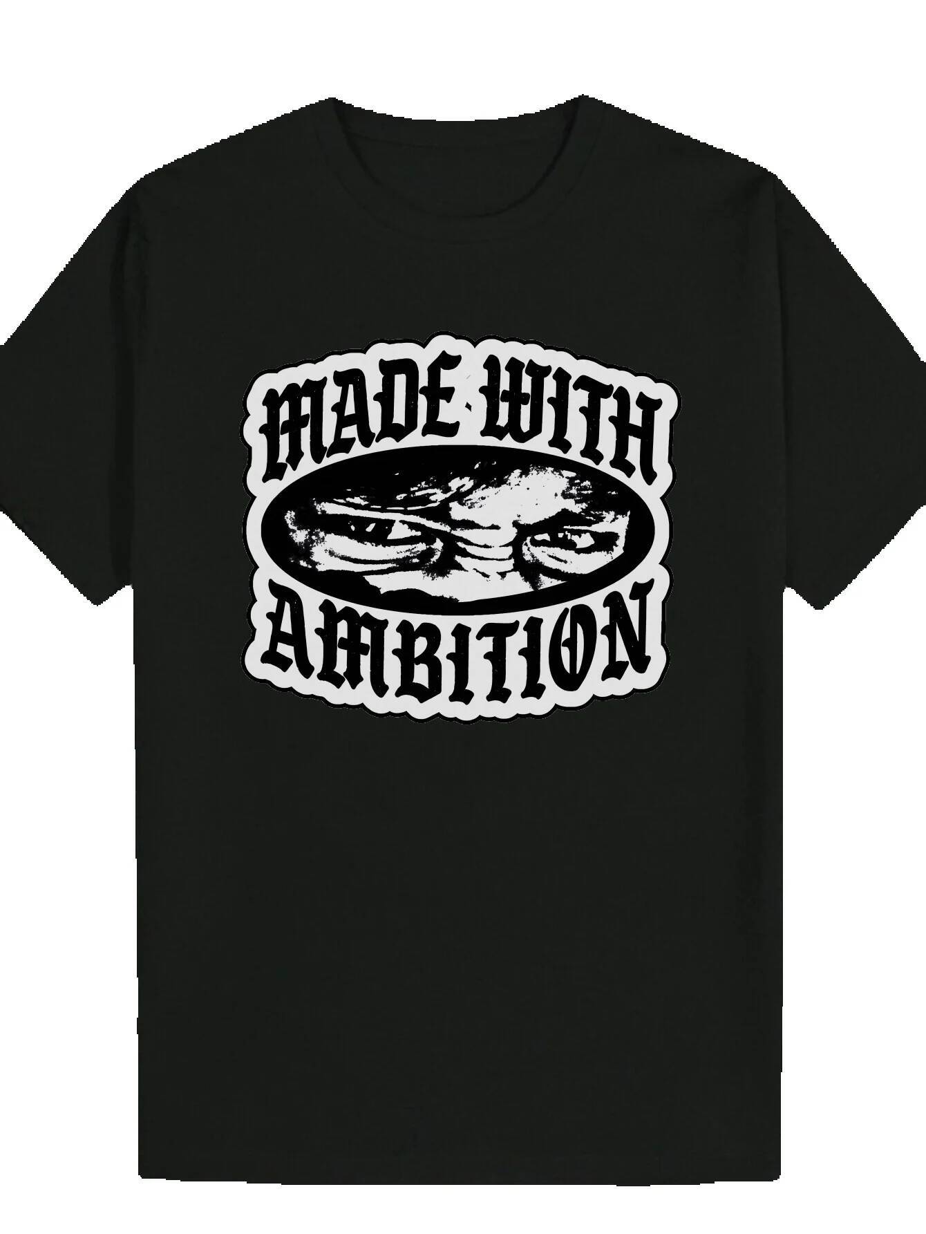 Men's Casual Short Sleeve T-Shirt - Black Inspirational "Ambition Made" Print, Lightweight Fiber, Round Neck, Machine Washable, Regular