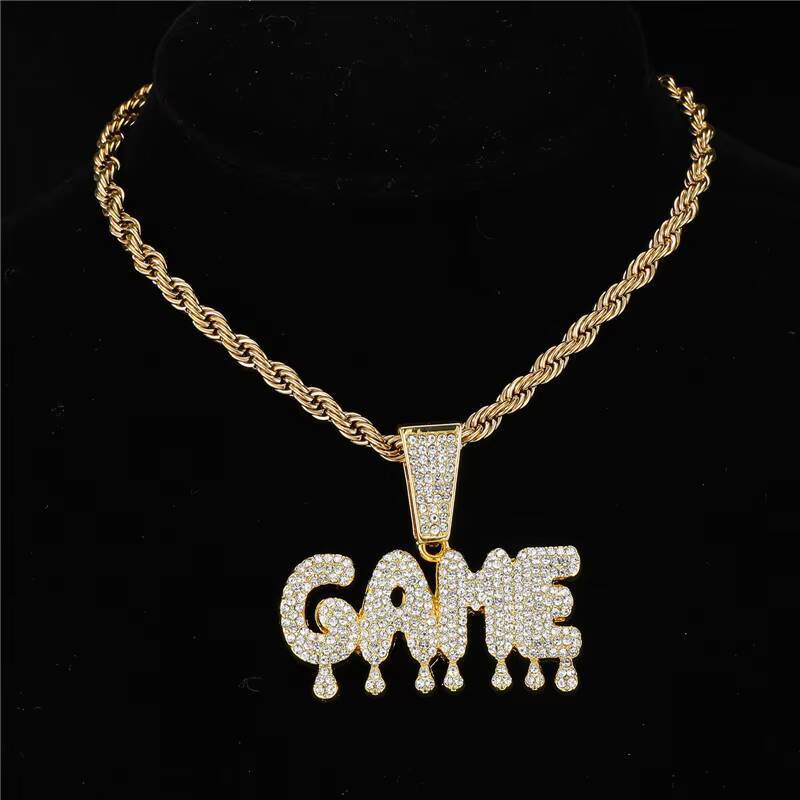 Hip Hop Icy Bling Jewelry Mens Luxury Gold Plated Rhinestone Diamond Drip GAME Letter Pendant With Prong Cuban Necklace CHAIN