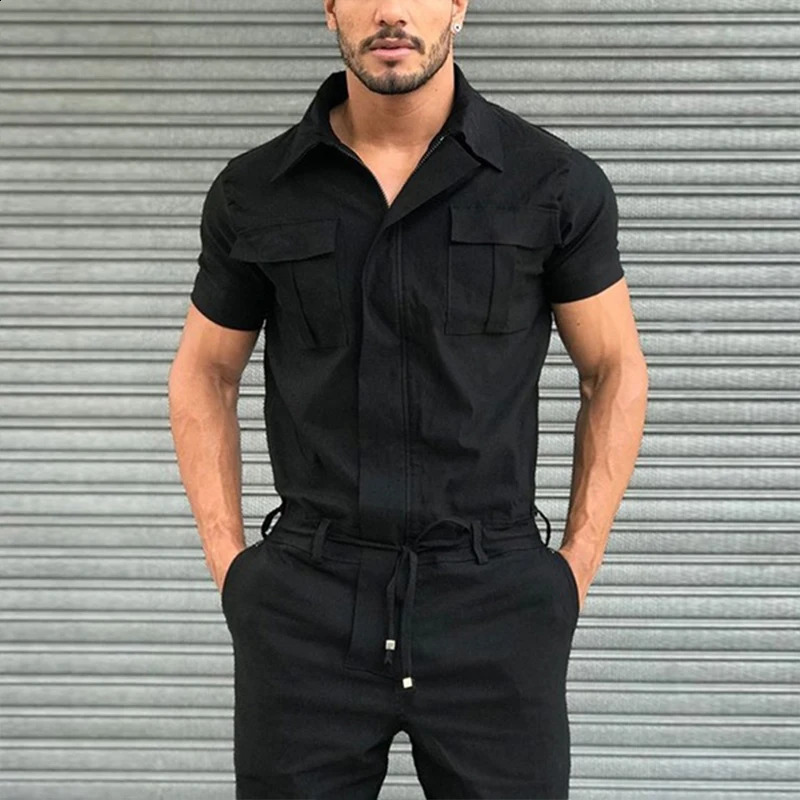 Mens Overalls Casual Streetwear Pocket Solid Color Short SleeveTrousers Jumpsuit Fashion Leisure Basic Work Cargos Pants 250729
