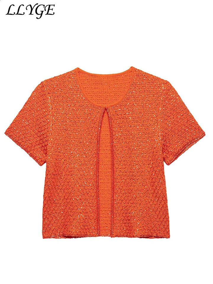 Street Womens Knit Sequined Vest Y2k O-neck One Button Short Sleeve Female Tops 2025 Summer Lady Sexy Chic Knitwear In 250811