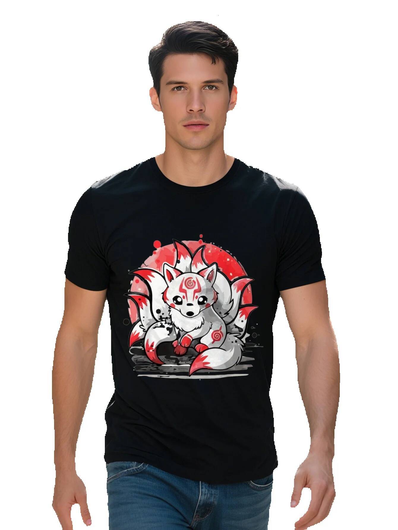 Men's Cotton T-Shirt Laughing Nine Tailed Kitsune Japanese Fox Design Black Tee Adults Short Sleeve