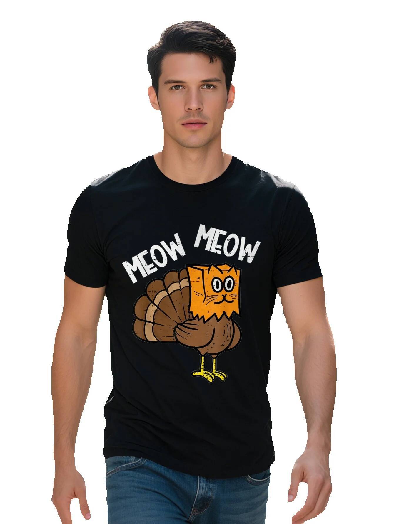 Turkey Paper Bag Meow Funny Thanksgiving Cat Men T Shirt aa0fd
