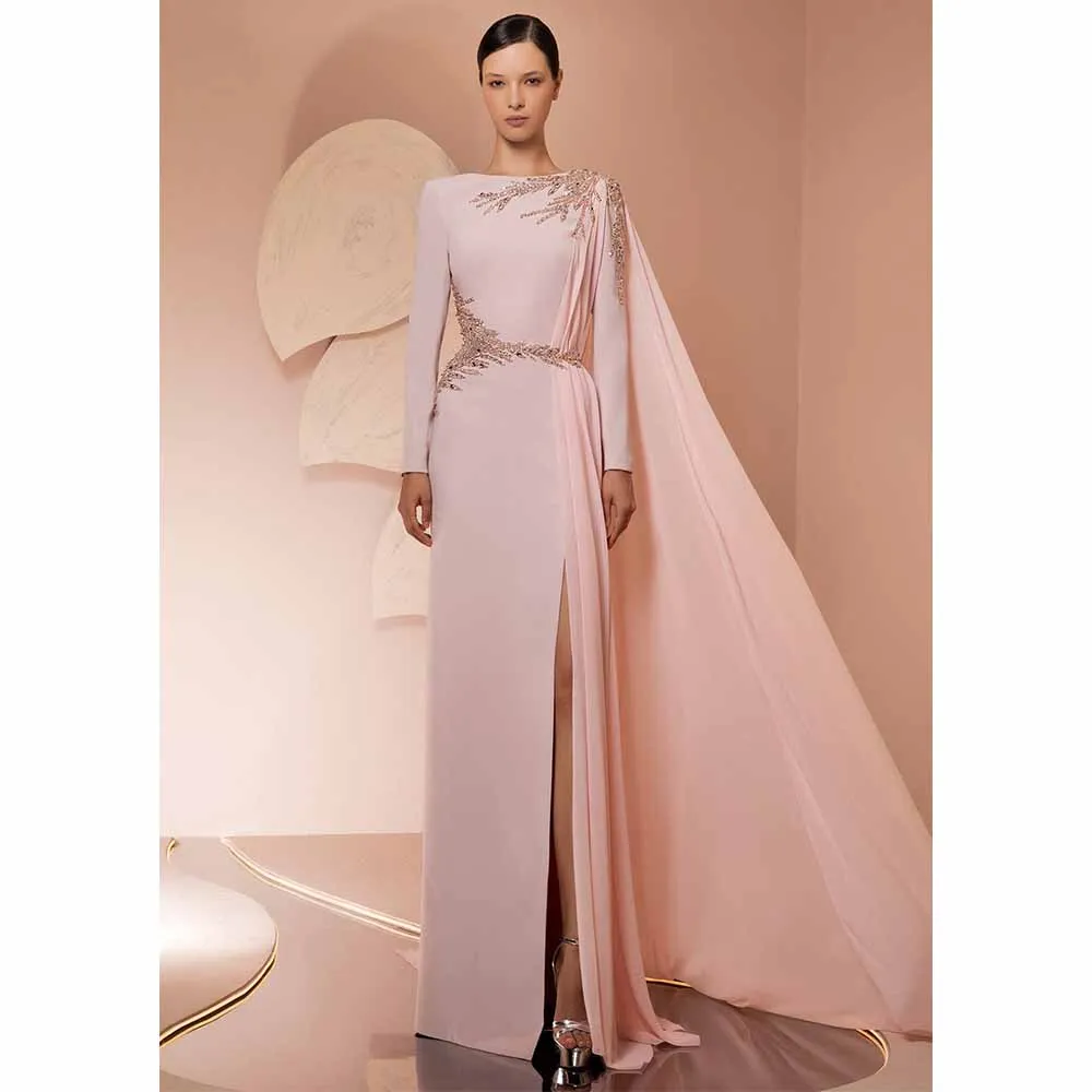 Elegant Pink Evening Dresses Long Sleeve Floor Length Satin Prom Occasion Gown Side Slit Formal DRess For Women