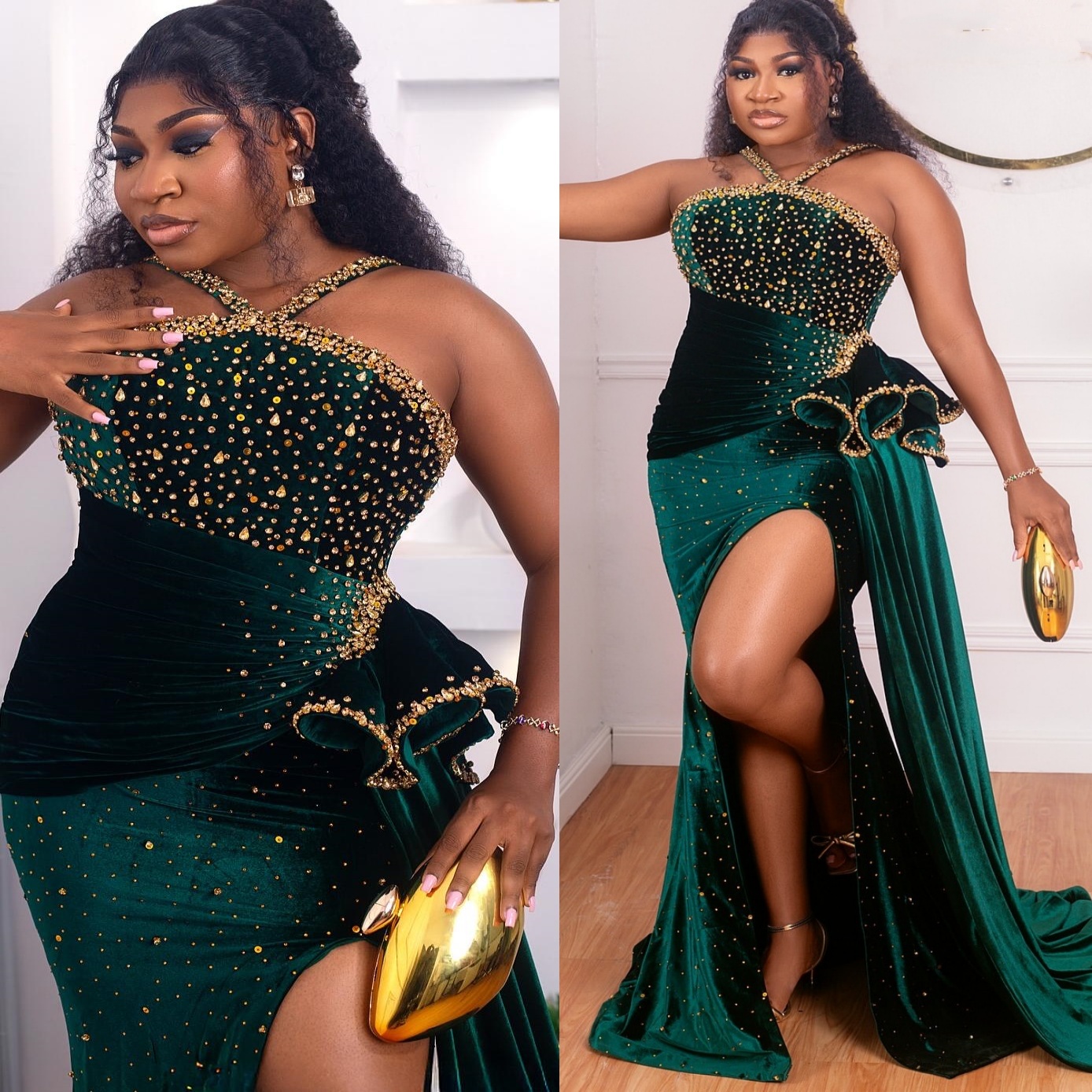 Dark Green Mermaid Prom Dresses 2025 Crystals Beaded Velvet High Split Evening Formal Party Second Birthday Engagement Gowns Plus Size Dress For Speci