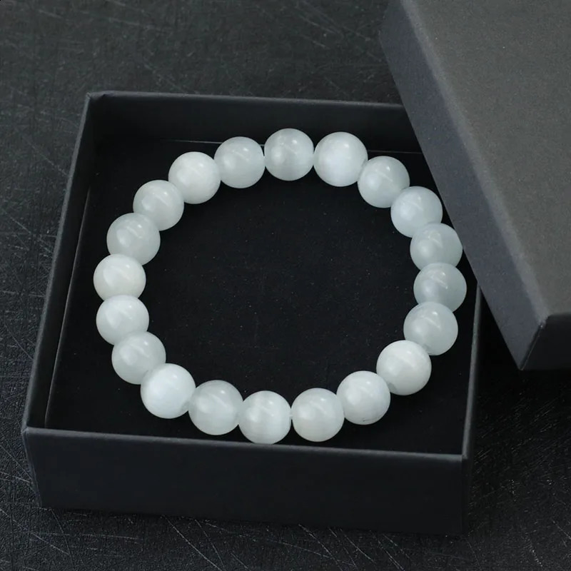 Noter 100% Natural White Cat Eyes Stone Bracelet Women 4/6/8/10/12mm Smooth Beaded Braslet Gifts For Lovers Moonstone Braclet 250805