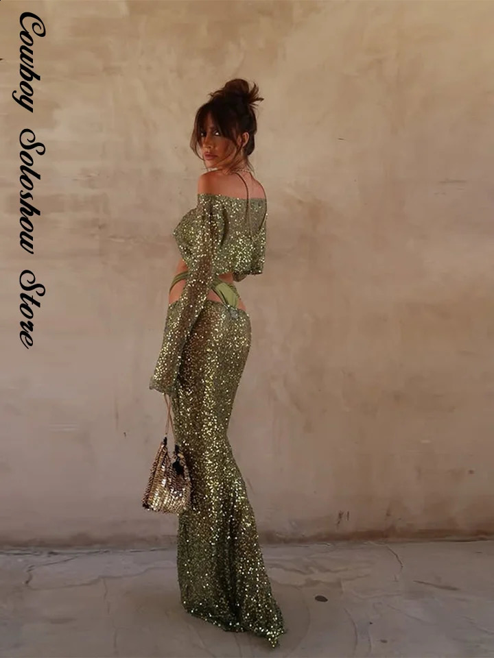 Sexy Sequin Crop Top Skirt Set Women Slim Slash Neck Long Sleeve Tops See Through Long Skirts 2025 Summer Beach Shiny Lady Suit 250811