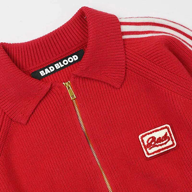 Designer Clothing 2025 Blood Red Knitted Jacket Women's American Retro Embroidered Zipper Cardigan Top