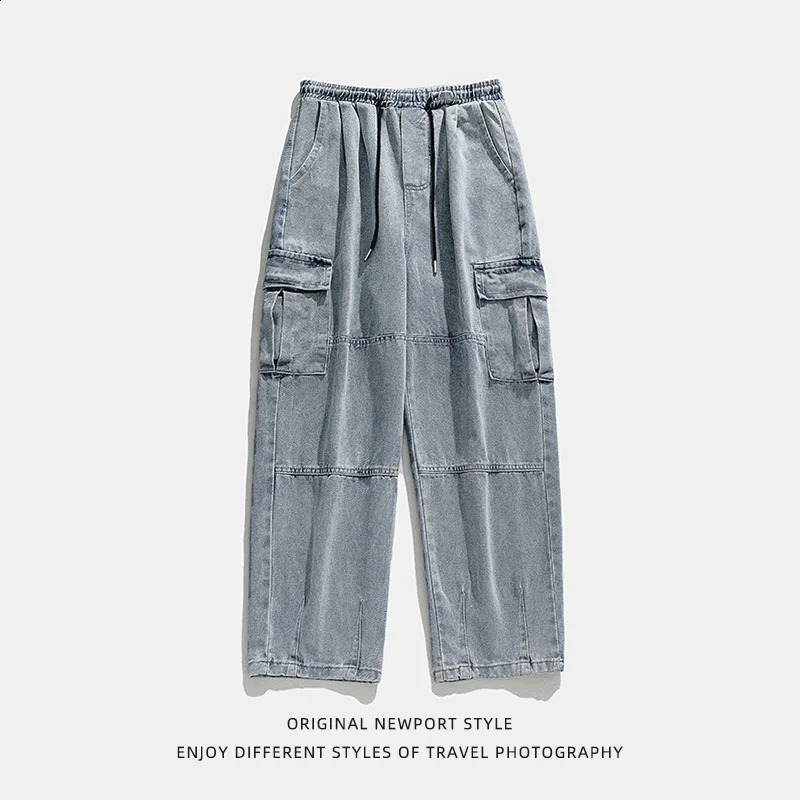 2025 Spring And Autumn Vintage Wide Leg Big Pocket Overalls Men Y2K Neutral Loose Straight Casual High Street Hip Hop Jeans 250729