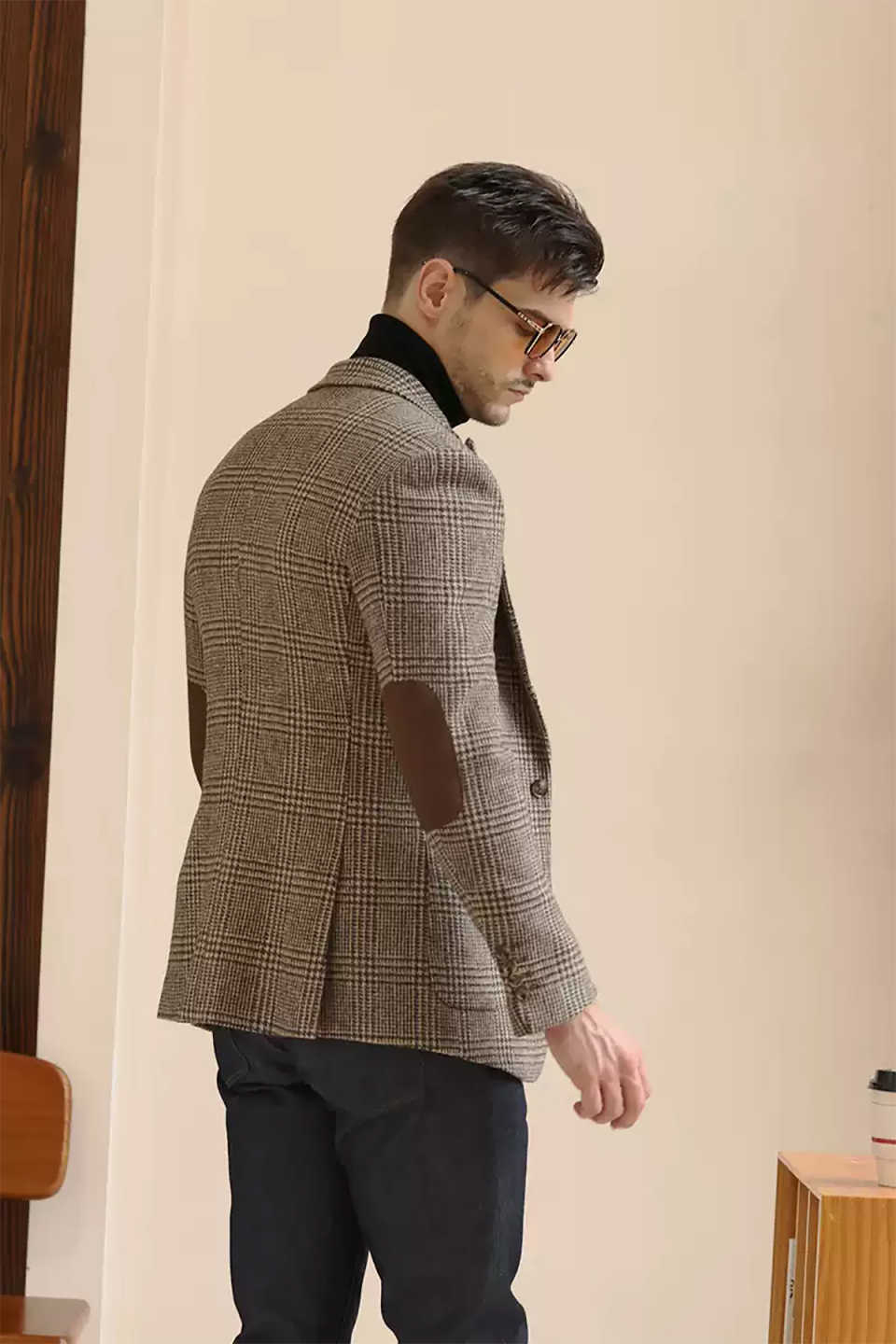 Vintage Men Suit Single Breasted Houndstooth Short Man Tailcoat Peaked Lapel Business Blazers Overcoat High Quality Customized