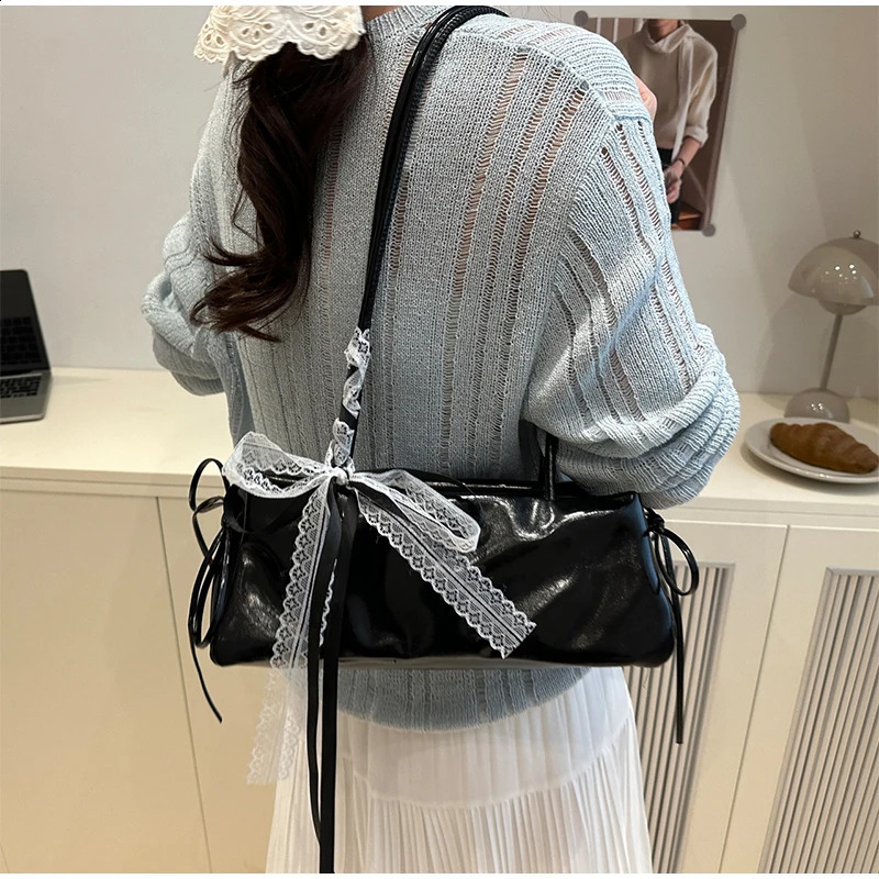 Fashion Elegant Shoulder Bag French Bow Lace Decoration Small Square Bag Ballet Style Handbag Casual Underarm Women Bag 250809