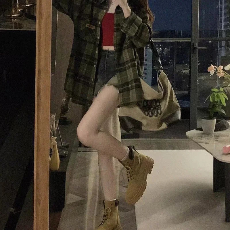 Deeptown Harajuku Green Plaid Shirt Streetwear Women Vintage Long Sleeve Oversize Blouse Korean Fashion Aesthetic Clothes Female 250811