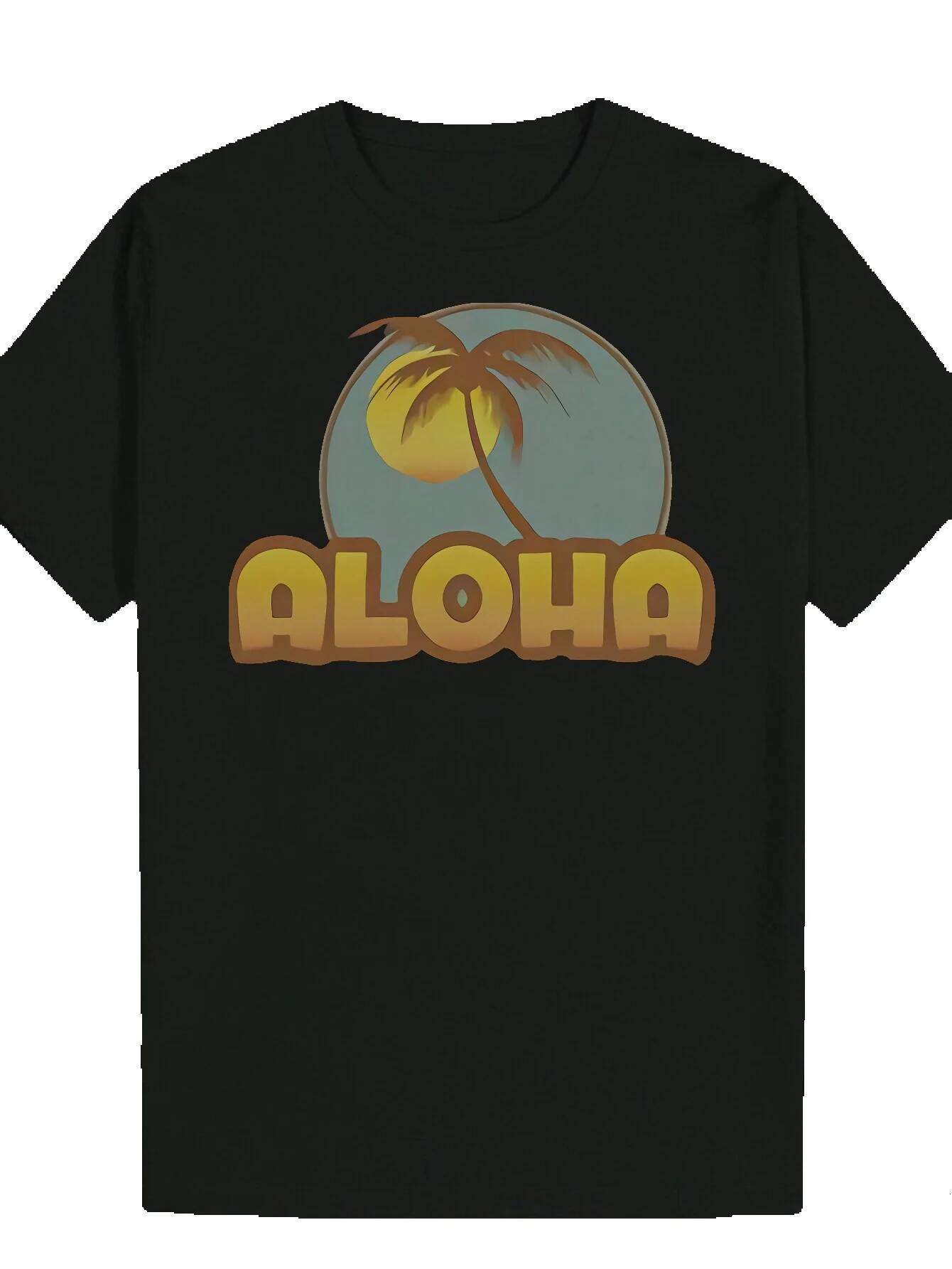 Men's Summer Round Neck Polyester T-Shirt with Plant Design, 'ALOHA' Pattern Print, and Lightweight Fabric for Casual Wear 03fb5