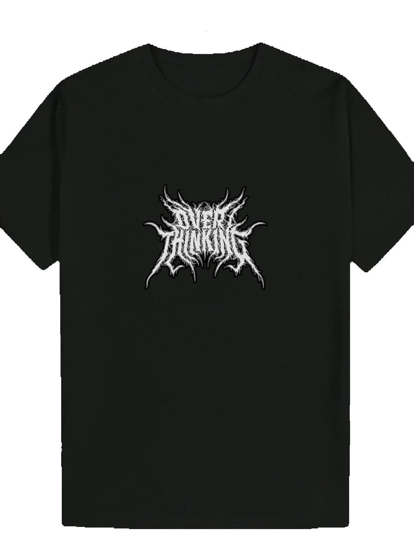 Men's Summer Short Sleeve - Black Round Neck Polyester T-Shirt with White Pattern Print, Breathable, Machine Washable, Suitable for Casual Wear, 