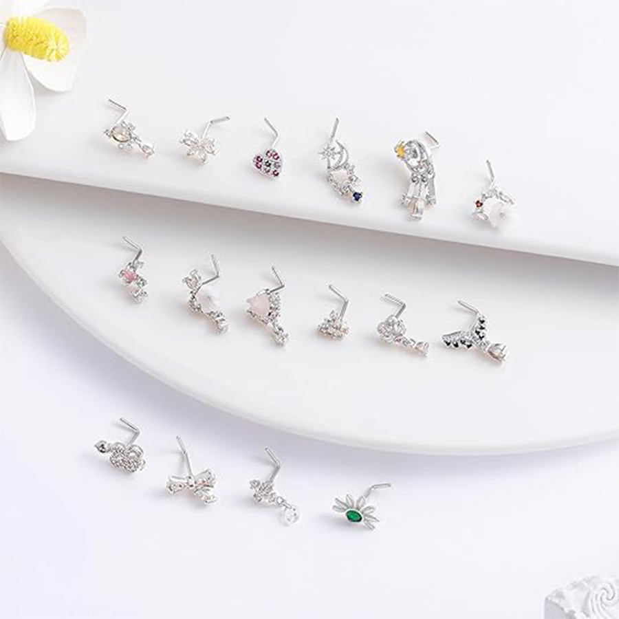 16Pcs 20G Nose Rings L Shaped Nose Studs for Women Stainless Steel Heart Snake Flower Bowknot CZ Butterfly Moon Dangle Nose Stud Ring Body Piercing Je