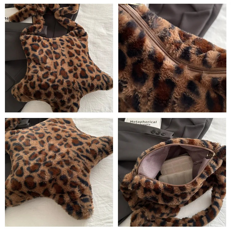 Star Leopard Print Plush Crossbody Bags for Women Furry Large Capacity Girls Shoulder Bag Vintage Tote Handbags Female Purse 250811