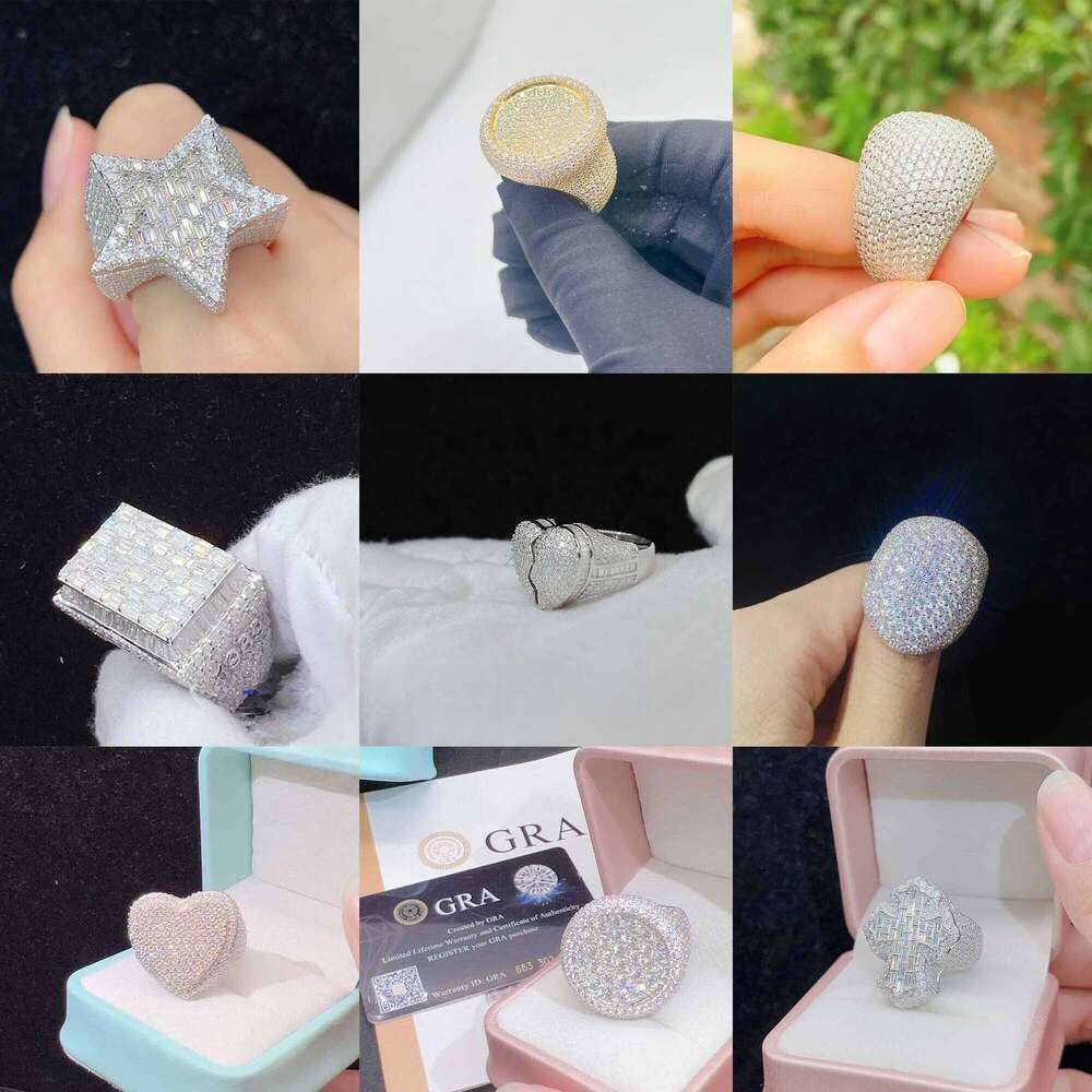 Fashion fine jewelry vvs moissanite iced out rings men gold plated sterling sier dia hip hop ring