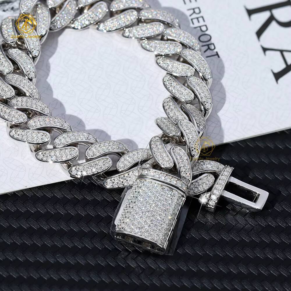 Zuanfo Jewelry Hip Hop Iced Out Miami Cuban Link 925 Sterling Silver Cuban Link Bracelet VVS Moissanite Cuban Chain