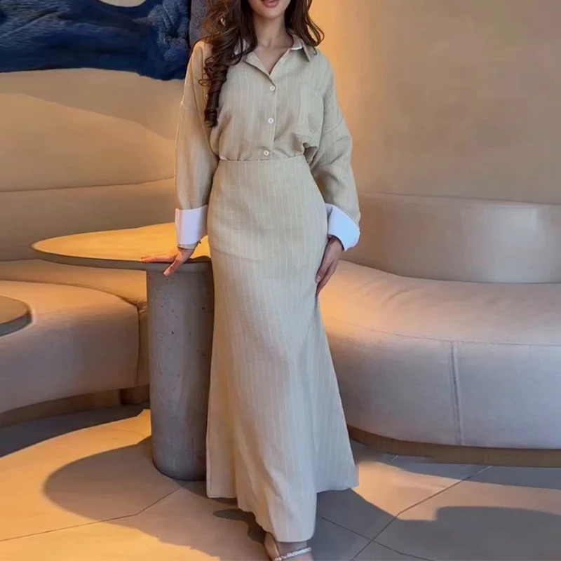 Fashion Autumn Winter Office Lady Womens Single Breasted Long Sleeved Shirt with Hip Wrapping Striped Long Skirt Set 250807