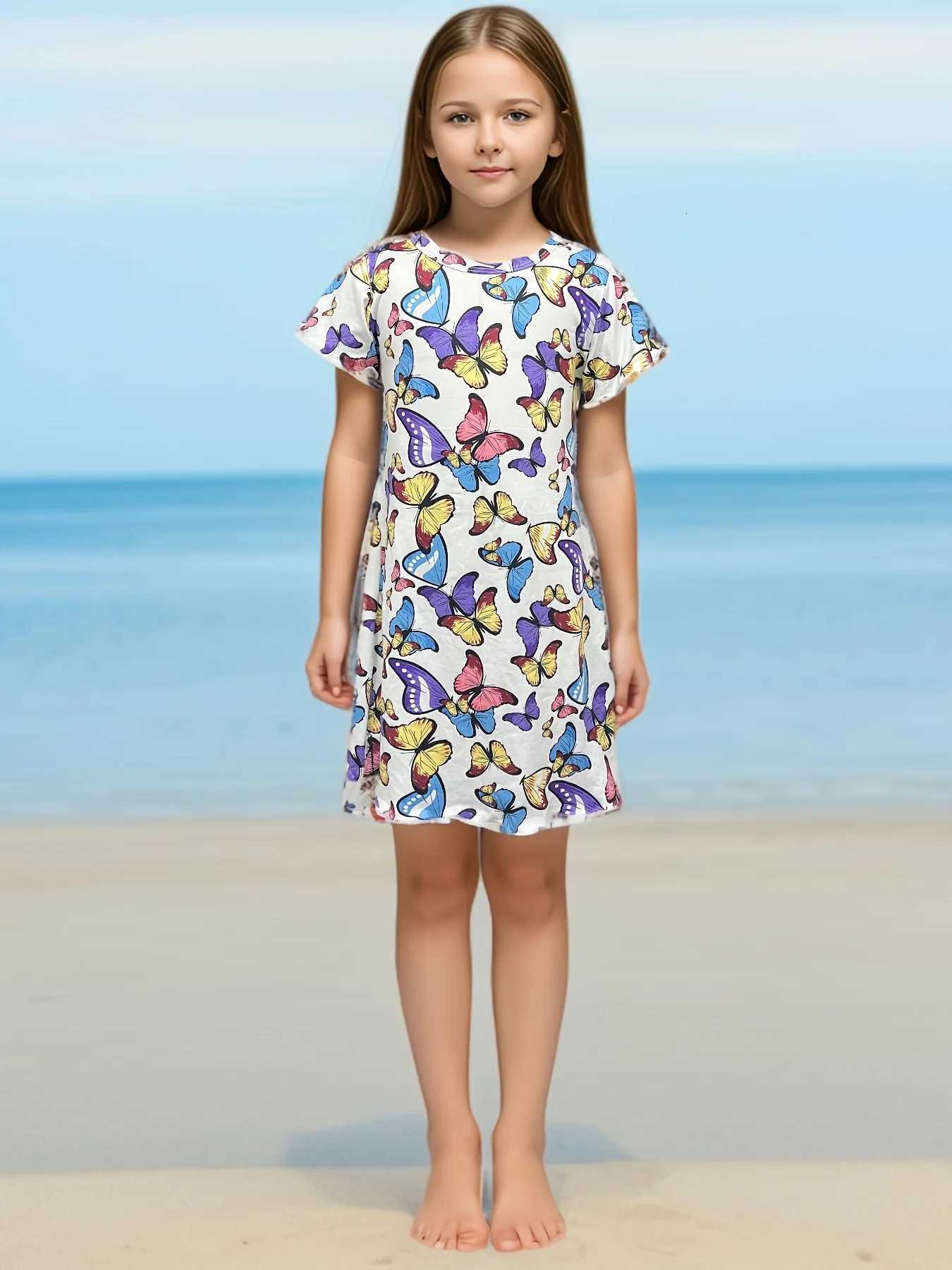 3-14 ya kz ocuk kelebek kk taze 3D baskl ksa kollu elbise rahat ve konforlu parti elbisesi W250811