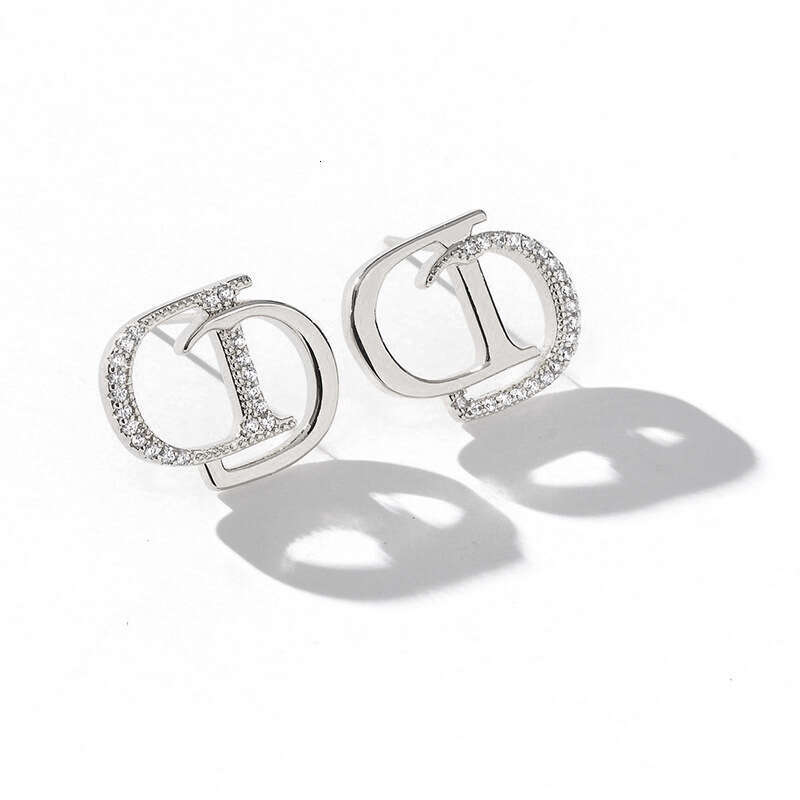 DHcollections Letter CD Ins Style Rhinestone Hollow Socialite Light S Pure Sier Needle Earrings for Women
