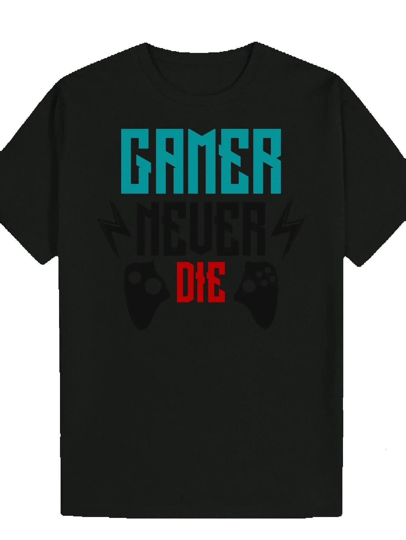 Men's Summer Casual Round Neck Polyester T-Shirt with 'Gamer Never Die' Design, Regular Fit, Slightly Stretchy Fabric, Perfect for Gami