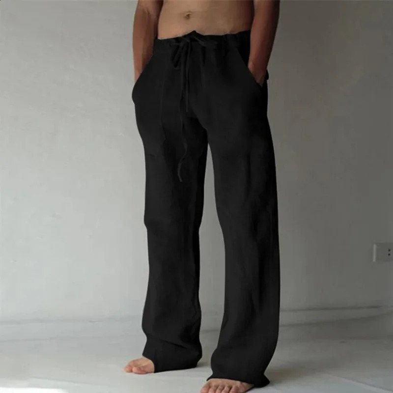 Sports pants springsummer fashion mens hip-hop breathable cotton linen solid color simple drawstring wide leg pants 250809