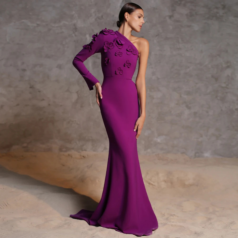 Purple Evening Dresses for Women One Shoulder Long Sleeve Formal Gown MermaidTrumpet 3D Flowers Elegant Wedding Party 250811