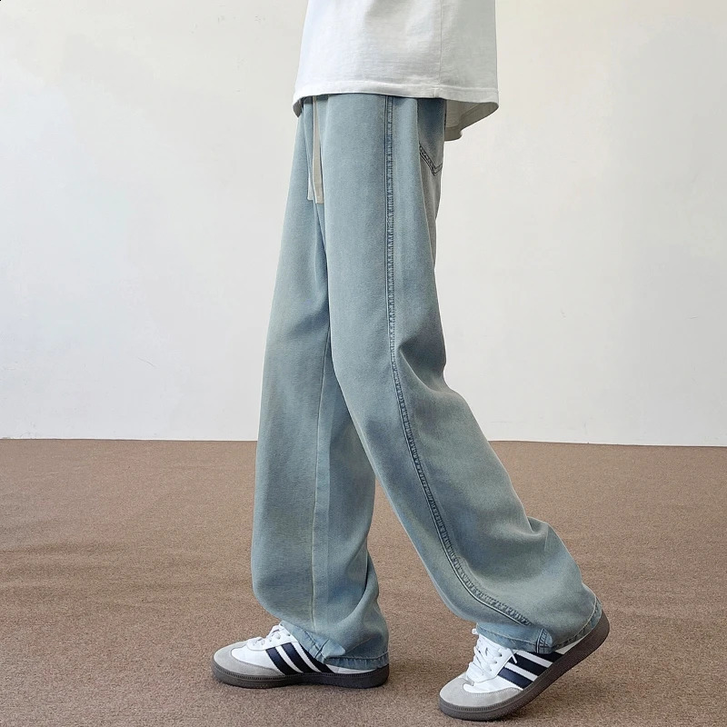2025 Autumn American 190 Tall Men Ice Sensation Jeans 115CM Long Length Elastic Waist Thin Loose Wideleg Clothing 250729