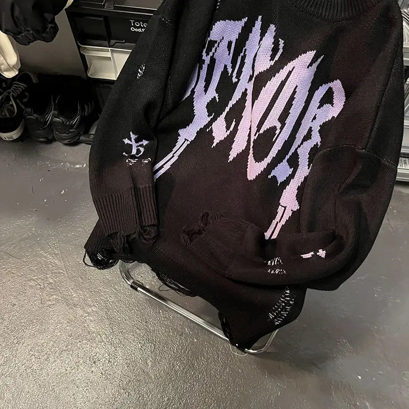 American Retro Gothic Print Pullover Sweaters Mens Y2K Street Leisure Trend Joker Sweater Couple Fashion Loose 250809