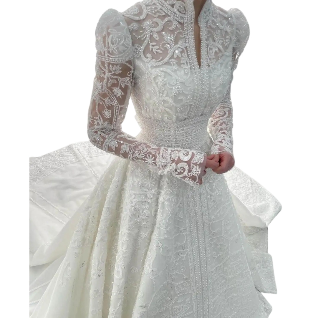 Luxury Pearl Wedding Dresses Sequins Beading High Neck Bridal Gowns Muslim Long Sleeve Customized A Line Dress Vestido de novia Plus Size Customized