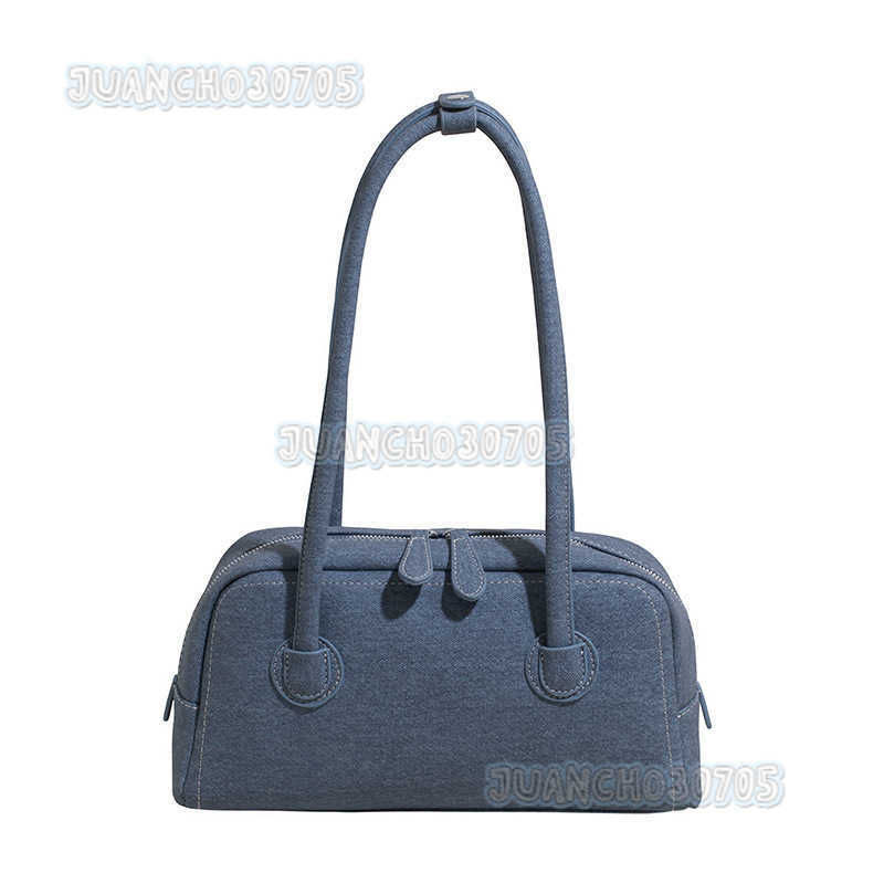 2025 Summer New Denim Solid Color Boston Bag Large Capacity Textured Commuter Shoulder Pillow Bag H250809
