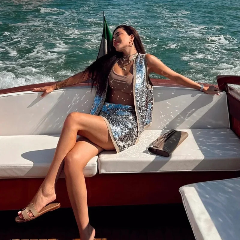 TRAF Silver Skirt Sets For Women 2 Pieces Summer Sequined Tank Vest Top Mini Skirts Ladies Fashion Sexy Elegant Outfit 250804