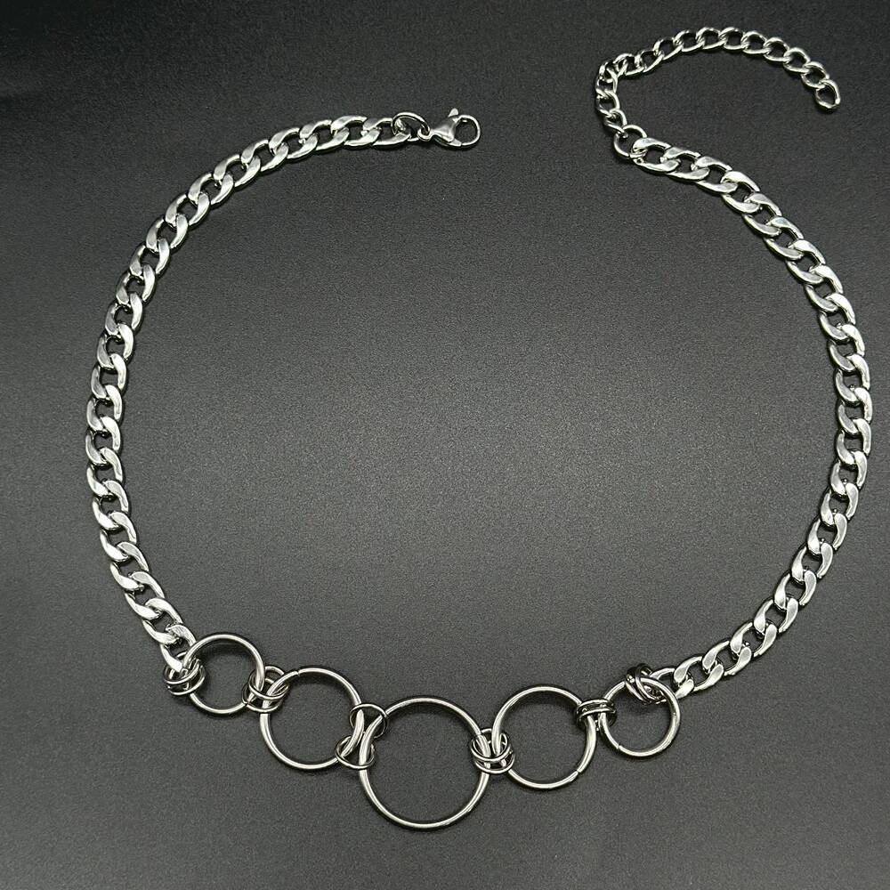 Goth Stainless Steel Curb Chain Circle Choker Necklace for Women Grunge Alternative Collar Adjustable Length