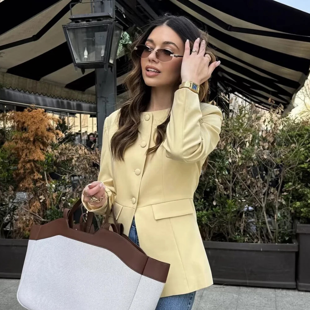 UNIZERA womens buckle round neck fashionable slim fit jacket for spring and summer casual womens clothing 250804
