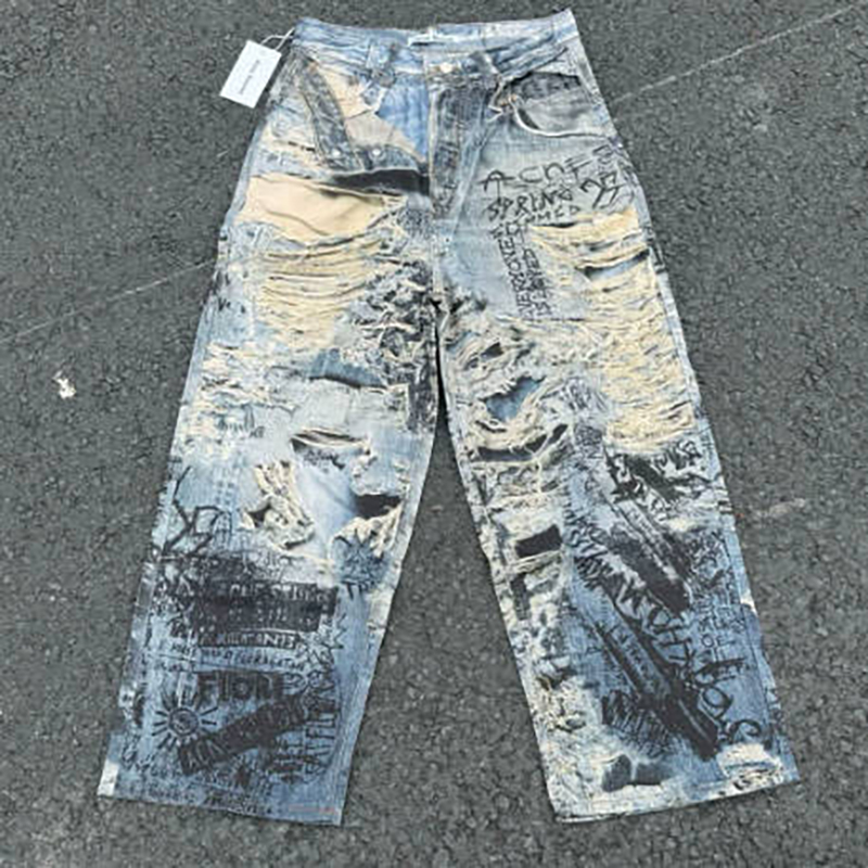 Designer Men's Jeans Streetwear Hip Hop Cartoon Graphic Print Vintage Baggy Black Pants Men Women High Waist Wide Leg Trousers