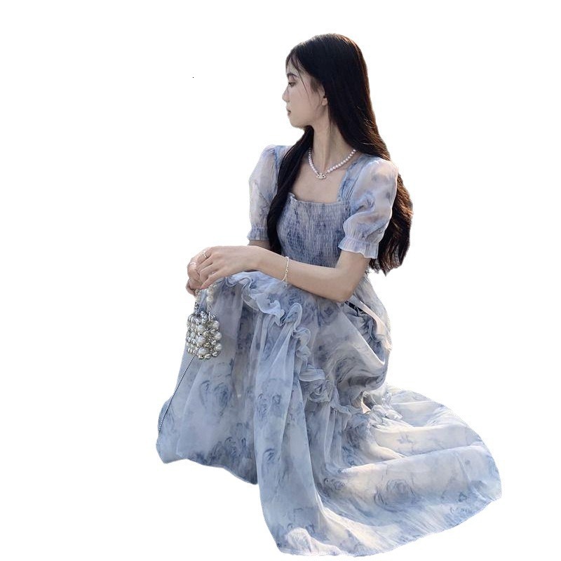 2025 Summer New Women's Retro Square Neck Women's trend Flower Dress Summer New Super Fairy Mori Style Slimming Ruffle Long Dress New Design