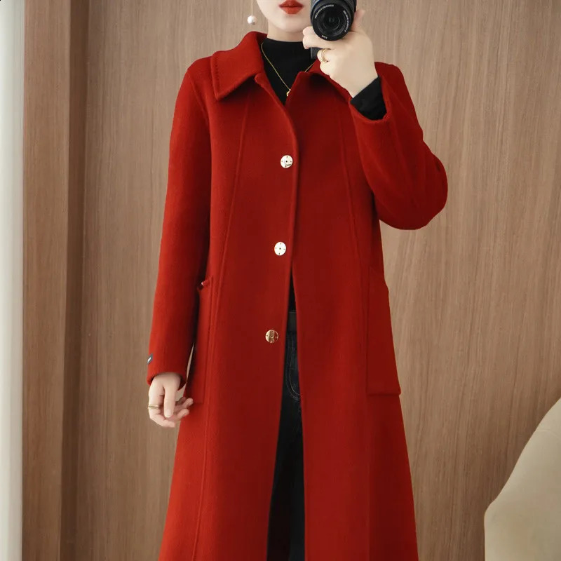 Winter Autumn Christmas Black Loose Long Wool Coat Jacket Belt Woolen Overcoat Korean Women Split Hem Cardigan Outerwear 250805